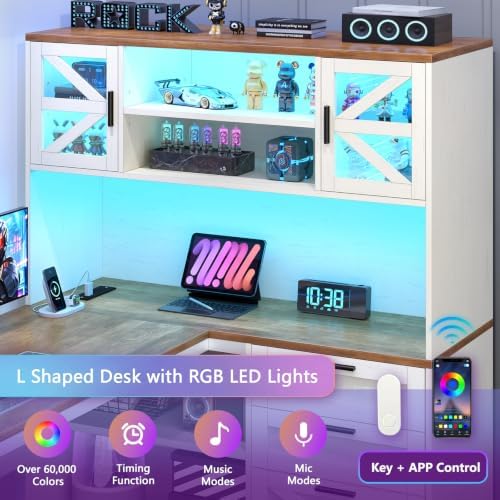 59" Farmhouse L Shaped Computer Desk with Drawers, Storage Cabinet, Outlet - Image 6