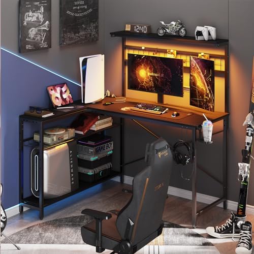 Bestier 51" L Gaming Desk with Power Outlets LED Lights, Carbon Fiber Black - Image 2