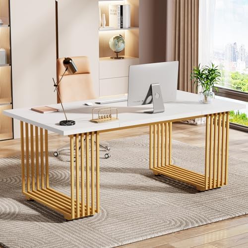 Tribesigns 70.9" Modern Office Desk, Wooden Computer Desk, White Executive Desk with Gold Metal Legs, Large Workstation for Home Office, Study Writing Desk, Small Conference Table for Meeting Room by Tribesigns