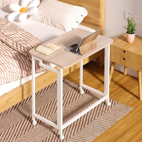 4NM 23.6" Mobile Small Rolling Computer Desk, Folding Laptop Cart Table with Wheels, Portable Office Desk for Small Space Couch Bed - Natural and White - Image 2