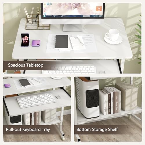Tangkula Rolling Computer Desk Cart with Keyboard Tray, Mobile Portable Laptop PC Desk with CPU Stand & 3 Hooks for Sofa & Bed, Compact Small Desk on Wheels for Small Spaces (White) - Image 6
