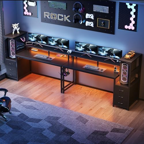 59" Reversible Gaming Desk with LED Lights Power Outlets, Black - Image 3