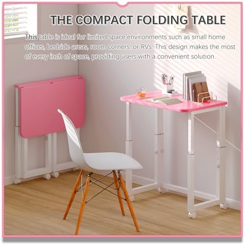 4NM No Tool Assembly 23.6" Small Desk, Folding Portable Desk with Wheels, Adjustable Height Foldable Computer Home Office Desks, Collapsible Study Writing Table for Space Saving Bedroom - Pink White - Image 3