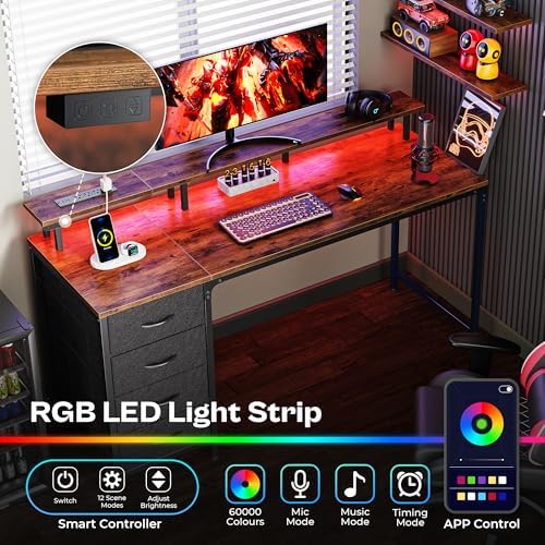 Huuger 55 Inch Computer Desk with Power Outlets and LED Lights, Gaming Desk with 4 Drawers, Office Desk with Monitor Stand, Study Work Home Office, Rustic Brown - Image 3