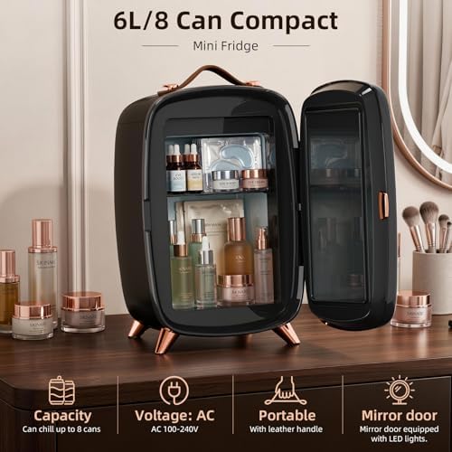 Antarctic Star 6L/8 Cans Makeup Mini Refrigerator with Dimmable LED Light Mirror for Bedroom, Car, Office & Dorm,Portable Small Cooler for Cosmetics,Skin Care,BLACK - Image 2