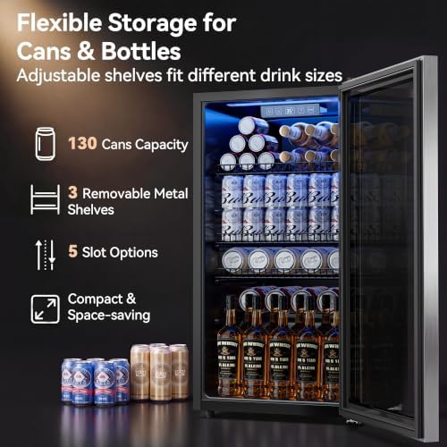 3.2 Cuft Beverage Fridge, 130 Can Mini Fridge With Glass Door, Silver - Image 3