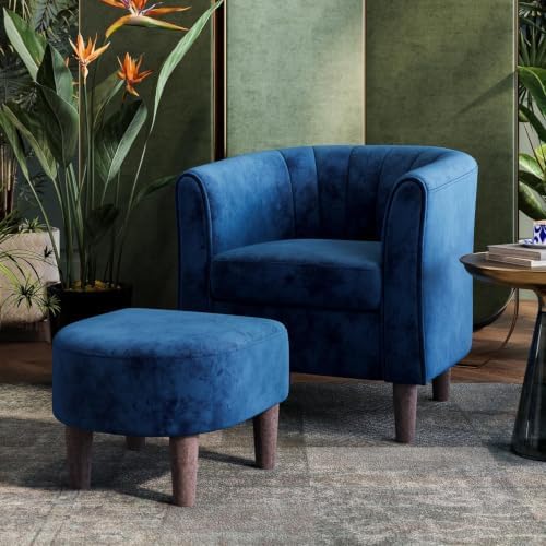 LINSY Accent Chair with Ottoman, Modern Barrel Chair Small Arm Chair Reading Chair with Footrest, Comfy Round Arms Chair for Living Room Bedroom Reading Room, Velvet(Blue) by Linsy