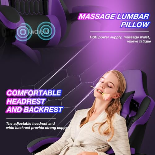 Gaming Chair with Footrest, High Back Gaming Chairs PVC Leather Ergonomic Gamer Chair with Adjustable Headrest Lumbar Support Racing Style Video Gaming Chair for Office/Home (Purple) - Image 6