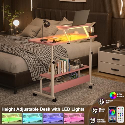 Height Adjustable Standing Desk with Power Outlets and LED Lights - 32" Manual Stand Up Desk with Monitor Stand and Storage Shelves Small Mobile Rolling Computer Desk Portable Laptop Table, Pink - Image 5
