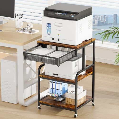 EasyCom Large Printer Stand with Drawer, 3-Tier Industrial Rolling Cart by EasyCom