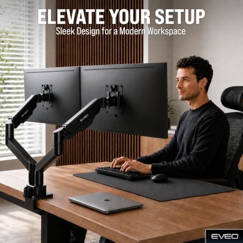 EVEO Premium Dual Monitor Mount 14"-32” Dual Monitor Arm VESA Bracket Adjustable Height Gas Spring Dual Monitor Stand, Screen Full Motion Dual Monitor Arm-Computer Monitor Stand for 2 Screens - Black - Image 5