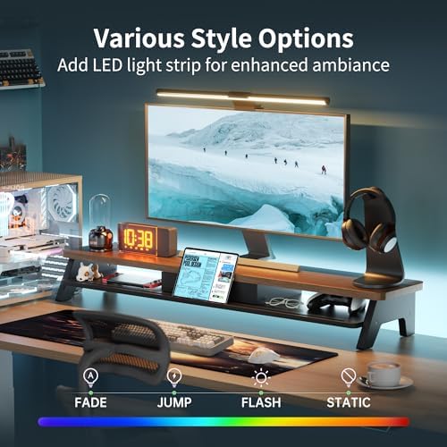 AFOOYO Dual Monitor Stand Riser,LED 2-Tier 39.3 Inch Computer Monitor Stand for 2 Monitors,Office Desktop Organizer with Storage Drawer and Phone Holder for Laptop,PC,Computer,Printer,Walnut - Image 3