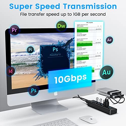 Rosonway 10-Port Powered USB 3.2 Hub 10Gbps,Aluminum USB Hub 36W, RSH-A10S - Image 3