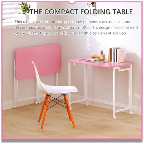4NM 31.5" Mobile Small Rolling Computer Desk, Folding Laptop Cart Table with Wheels, Portable Office Desk for Small Space Couch Bed - Pink and White - Image 3