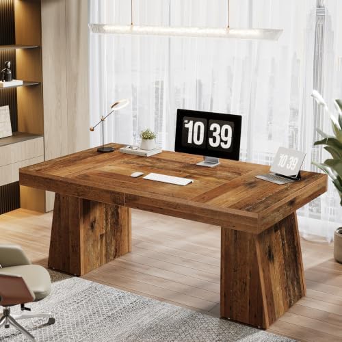 Tribesigns 55-Inch Executive Desk, Thick Wood Office Computer Desk with Double Pedestal, Modern Minimalist Workstations Writing Table Conference Table Furniture for Home Office, Walnut Finish - Image 3