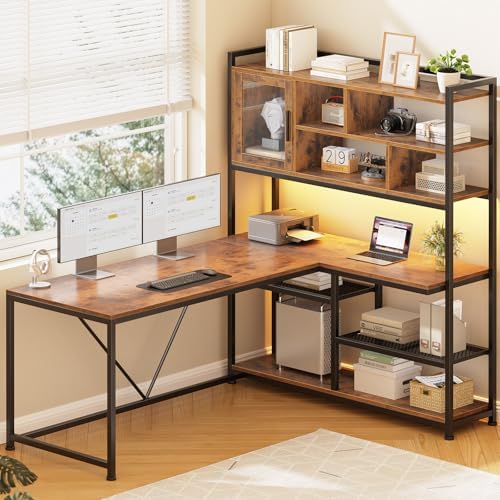 SEDETA L Shaped Computer Desk with Storage Shelves, Bookshelf, Rustic Brown by SEDETA
