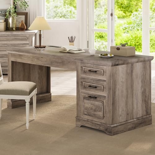 Itaar Farmhouse 55" Executive Desk, Computer Desk with Storage Drawers and Power Outlet, Home Office Desk, Workstation for Office Home, Grey - Image 3