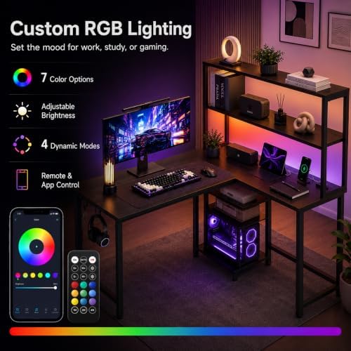 HealSmart L Shaped Desk Gaming Desk with LED Light & Power Outlet, 43 Inch Reversible Computer Table with Shelf & Storage Shelves & Hook, Corner Desk for Home Office, Black - Image 5