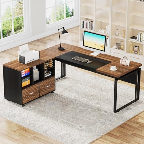Tribesigns L-Shaped Executive Desk with Reversible File Cabinet, 63" Office Desk with Storage Drawers, L-Shaped Computer Desk with Drawer Cabinet for Hanging Letter Size Files (Walnut & Black) - Image 6