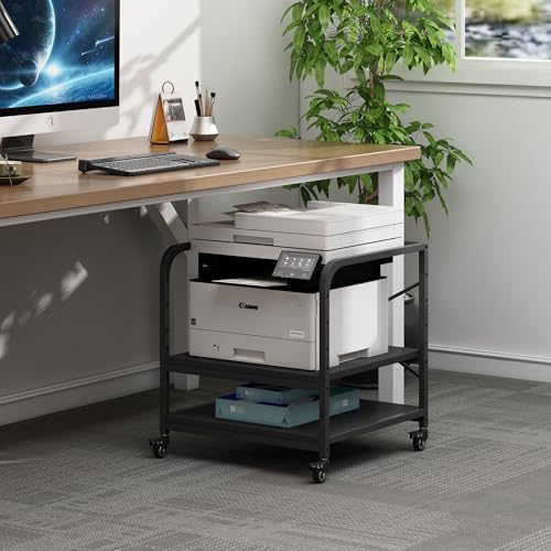 Fannova 2 Tier Under Desk Printer Stand with Storage, 20 Inches Deep Large Printer Table with Height Adjustable Shelf, Rolling Printer Cart with Wheels for Home Office - Black - Image 2