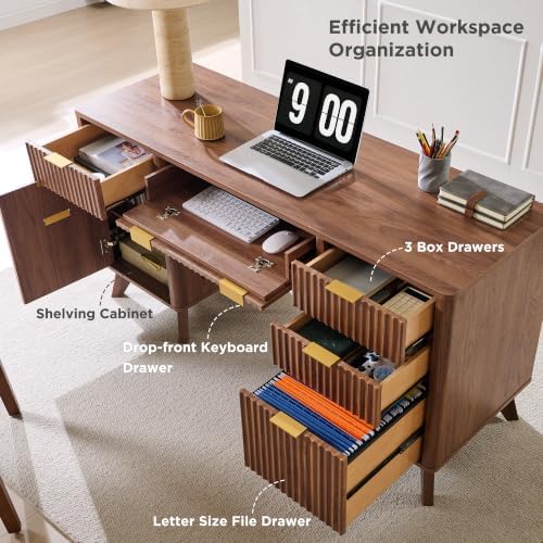 T4TREAM 60" Modern Fluted Executive Desk with Drawers, Light Walnut - Image 4