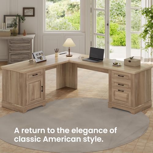 Itaar Farmhouse L Shaped Desk, Executive Computer Desk with Drawers and Storage Cabinet, Home Office Desk with File Drawer and Power Outlet, Corner Desk, Workstation for Office Home, Oak - Image 7