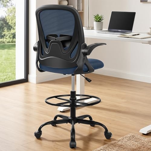 Primy Drafting Chair Tall Office Chair with Flip-up Armrests Executive Ergonomic Computer Standing Desk Chair with Lumbar Support and Adjustable Footrest Ring (Navy) - Image 2