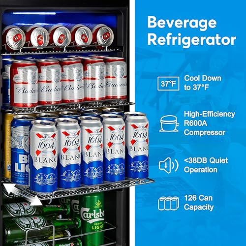 FoMup Beverage Refrigerator 17 inch Wide - 126 Can Beverage Cooler with Glass Door | Counter-Top/Freestanding Mini Beverage Beer Fridge | Temperature Memory | Invisible Door | Perfect for Soda,Beer - Image 6