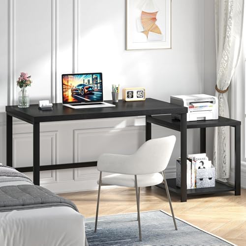 FOLUBAN Large Home Office Desk, Black Computer Desk with Storage Shelves, Modern Wood Writing Study Gaming Table for Bedroom Living Room, 63 Inch - Image 3