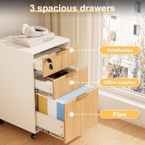 3 Drawers Fluted Mobile File Cabinet with Lock, Rolling File Cabinet Printer Stand Table, Under Desk Wooden Filing Cabinets for Home Office Essentials Storage Organization Furniture Letters/A4(Oak) - Image 5