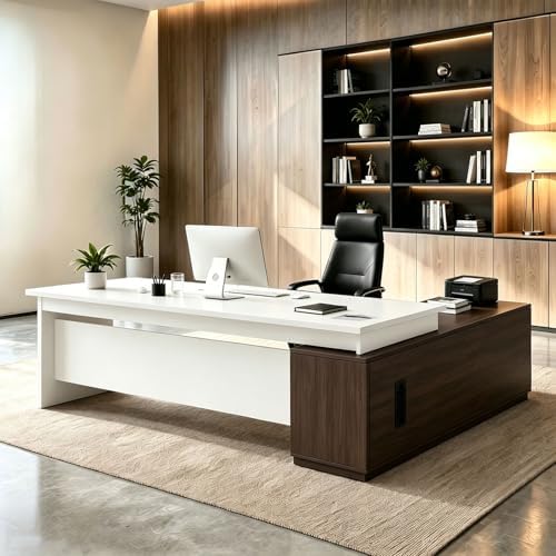 L Shaped Executive Desk with Drawers, Large Wood Workstation, Modern Executive Office Furniture for Home Office and Business Workspace, Multiple Sizes & Colors by Unknown