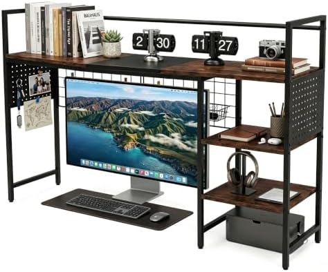 Desk Shelf Organizer with Pegboard & Hooks, Desk Hutch for Computer Monitor, Multi-Tier Wood Desktop Bookshelf Display Rack for Home Office Dorm Room (Vintage Brown, 38.6‘’) by ZHUJERRY