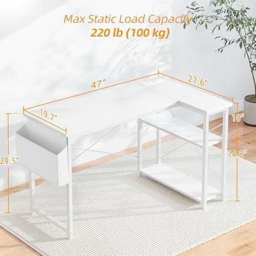 TIQLAB L Shaped Computer Desk with Power Outlets, 47 Inch Small Corner Desk with Reversible Shelves, Gaming Desk Computer Table Study Writing Desk for Home Office Small Space, White - Image 3