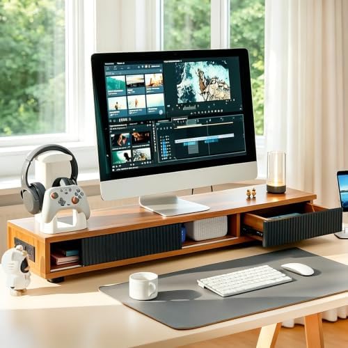 Artswish Dual Monitor Stand with Power Outlet, 42" Walnut Monitor Riser - Image 2