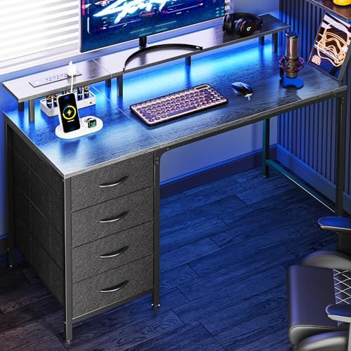 Huuger 47 Inch Computer Desk with Power Outlets and LED Lights, Gaming Desk with 4 Drawers, Office Desk with Monitor Stand, Study Desk Work Desk for Home Office, Small Spaces, Gray by Huuger