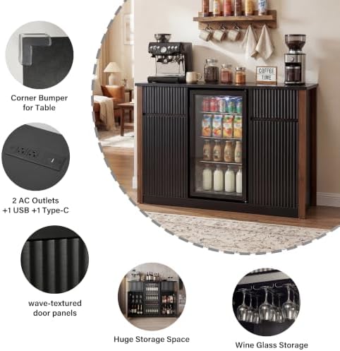 55.1" Coffee Bar Cabinet with Mini Fridge Space, Power Outlet, Black - Image 6