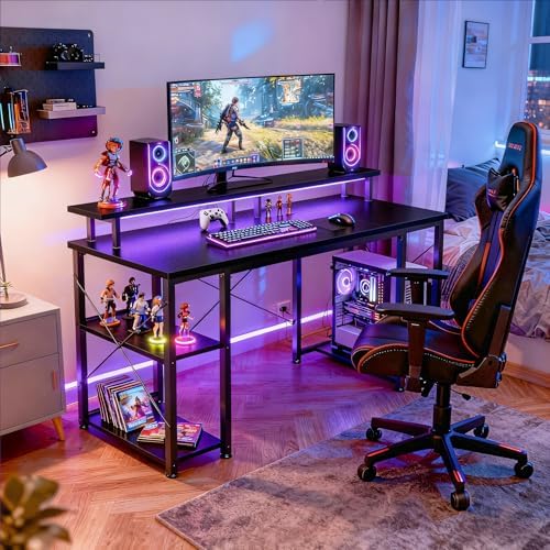 ODK 48 Inch Gaming Desk with LED Lights & Storage Shelves, Black - Image 2