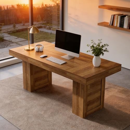 Tribesigns 63" Executive Desk, Farmhouse Wooden Office Desk, Natural Oak - Image 6