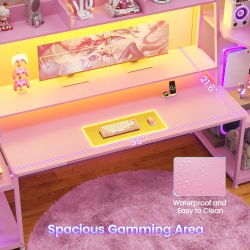 SEDETA 79'' Gaming Desk with LED Lights, Hutch and Storage Shelves, Pink - Image 5
