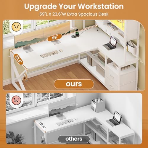 SEDETA L Shaped Gaming Desk with Storage Shelves, 2 Drawer, LED Light - Image 4