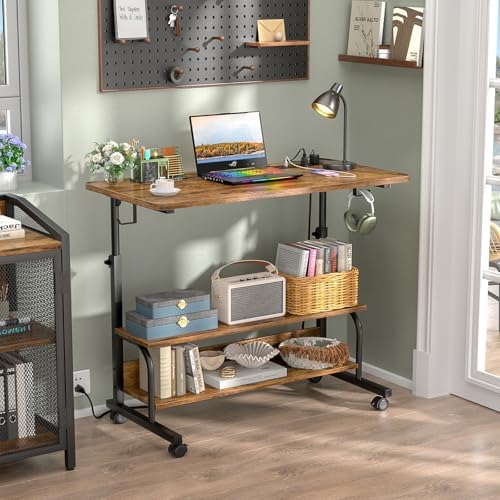 Besiost 32" Height Adjustable Standing Desk with Power Outlets - Manual Rolling Stand Up Desk with Wheels Small Portable Computer Desk Mobile Laptop Table with Storage Shelves for Home Office, Rustic - Image 2