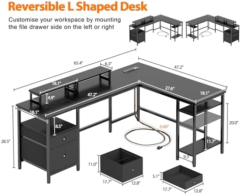 Furologee 66 Inch L Shaped Desk with 2 Drawers and Power Outlet, Black - Image 3