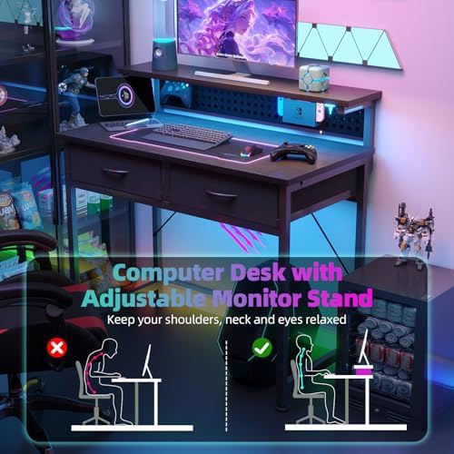 MUTUN Small Desk with Drawers, 31 Inch Computer Desk with Power Outlet & LED Light, Gaming Desk with Adjustable Monitor Stand & Pegboard, Modern PC Study Writing Table for Bedroom, Black - Image 4