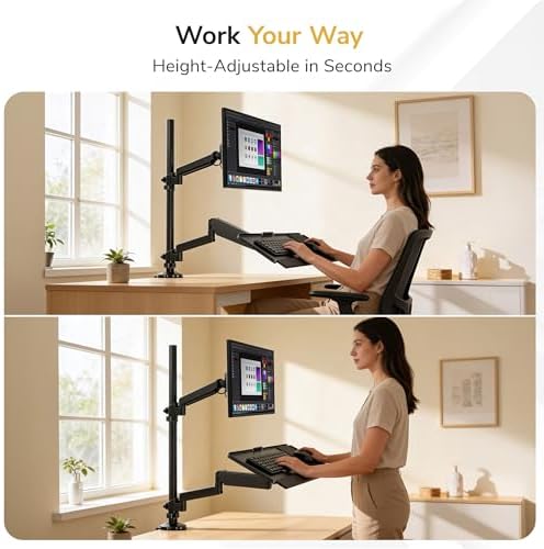 Mount-It! Sit-Stand Monitor Arm Desk Mount with Keyboard Tray, Single Monitor Fits Up to 32”, Height Adjustable Gas Spring, Full Motion Articulating Arm, Clamp or Grommet, Black - Image 2