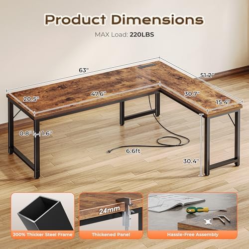 Huuger 63 Inch L Shaped Desk with Power Outlets & 0.95 Inch Thicker Desktop - Image 3