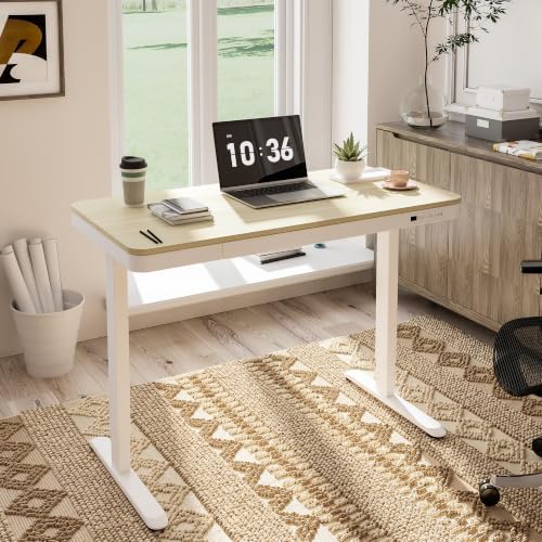 FLEXISPOT Comhar 48" Electric Standing Desk with Storage, Built-in Drawer & USB Charging Ports, Height Adjustable Sit Stand Computer Desk, Quick Assembly, Child Lock, Light Maple Finish/White Legs - Image 2