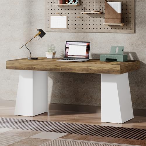 Tribesigns 55 Inches Executive Desk, Mid-Century Modern Home Office Desk, Wood Computer Table Business Workstation Small Conference Table, White & Brown - Image 6