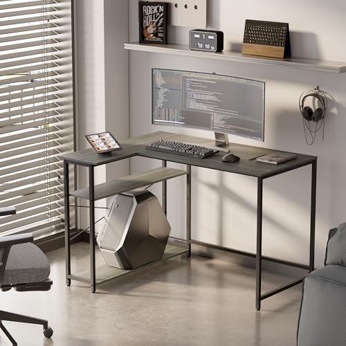 Pamray 43 Inch L Shaped Computer Desk with Reversible Side Storage Shelves, Small Corner Desk for Small Space Home Office,Writing Study Table PC Desk for Bedroom,Espresso Gray - Image 2
