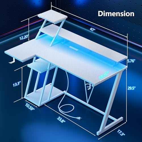 Korfile 47 Inch White Gaming Desk with LED Lights & Power Outlet, L Shaped Gaming Table with Storage Shelves, Gamer Workstations with Monitor Stand for Bedroom - Image 2
