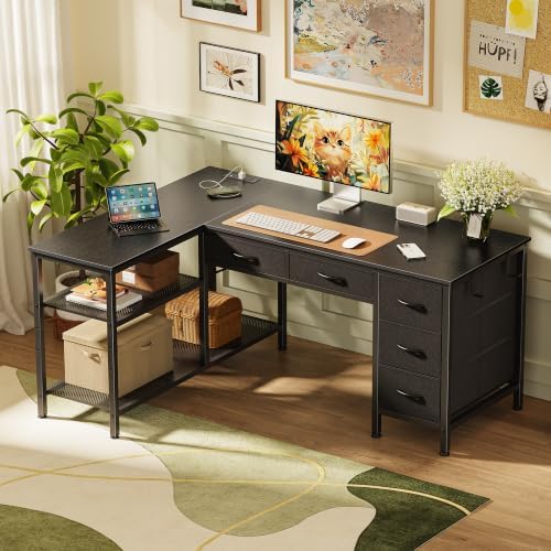 PRAISUN 47 Inch L Shaped Desk with Power Outlets, 5 Fabric Drawers - Image 2